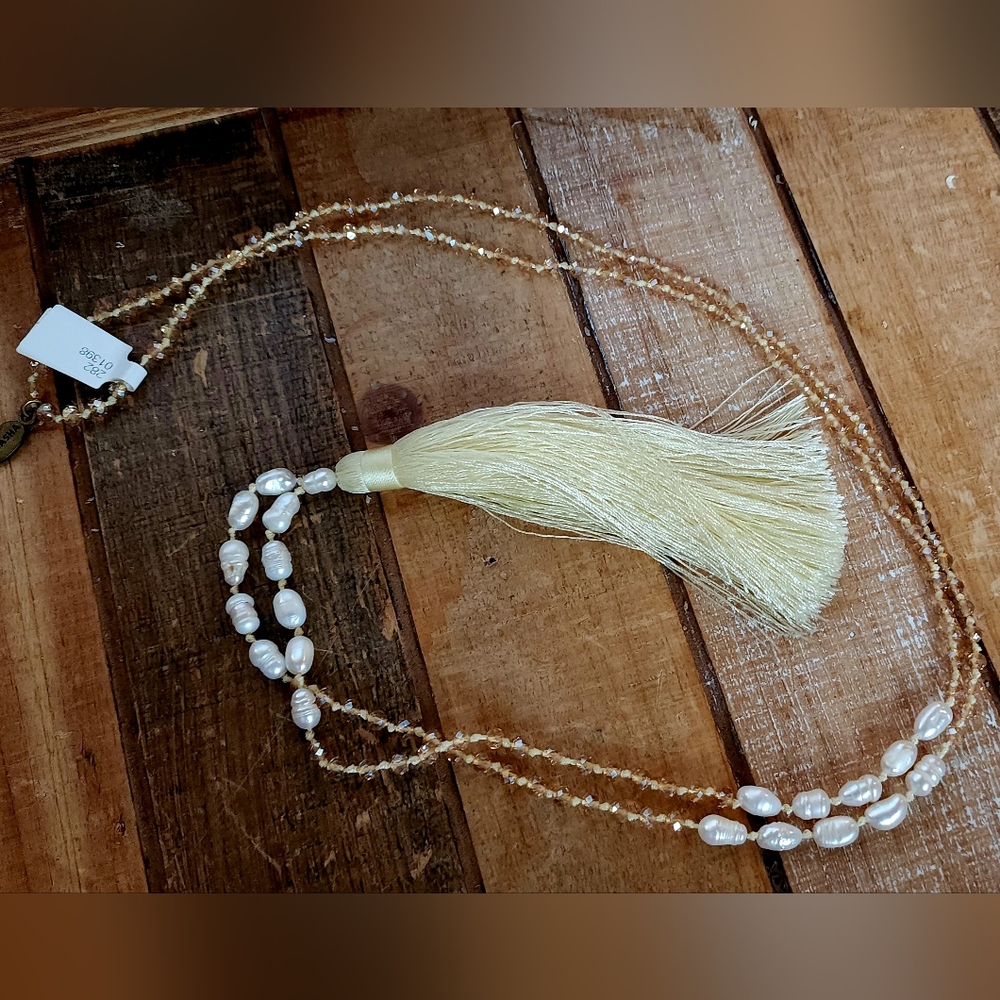 Zacasha Boho Faceted Crystal and Pearl Tassel Drop Necklace Ivory